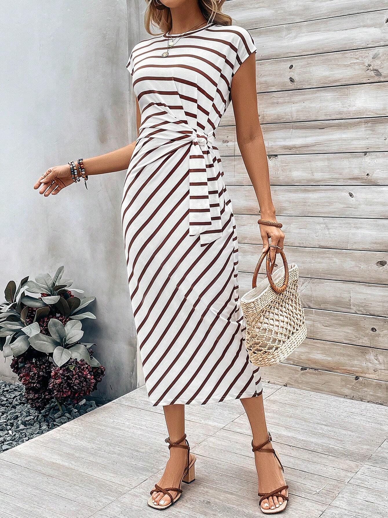 Tie Knotted Striped Side Casual Dress