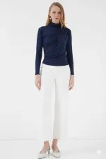 Women's Navy Blue Gather Detail Turtleneck Sandy Blouse HZL25W-BD19251