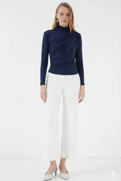Women's Navy Blue Gather Detail Turtleneck Sandy Blouse HZL25W-BD19251