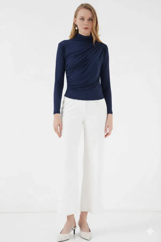 Women's Navy Blue Gather Detail Turtleneck Sandy Blouse HZL25W-BD19251