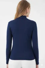 Women's Navy Blue Gather Detail Turtleneck Sandy Blouse HZL25W-BD19251