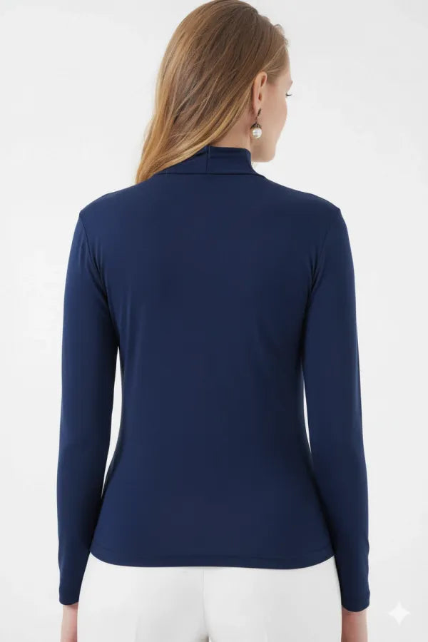 Women's Navy Blue Gather Detail Turtleneck Sandy Blouse HZL25W-BD19251
