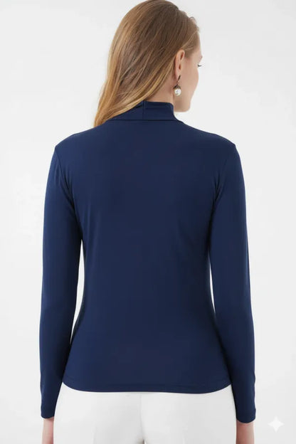 Women's Navy Blue Gather Detail Turtleneck Sandy Blouse HZL25W-BD19251