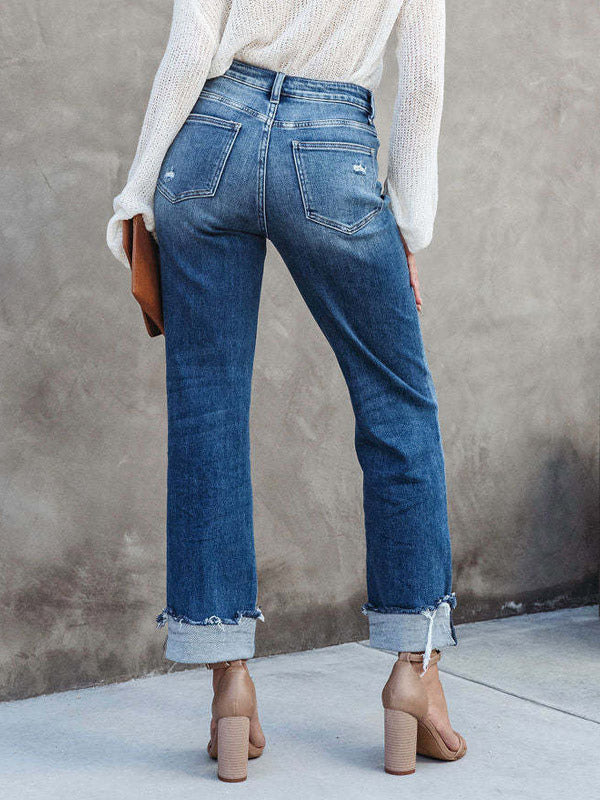 Jean Femme Pantalon Chic Bleu Droit Denim
