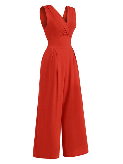 Combinaison rouge à col V jambes larges sans manches