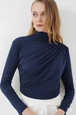 Women's Navy Blue Gather Detail Turtleneck Sandy Blouse HZL25W-BD19251