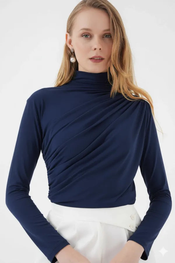 Women's Navy Blue Gather Detail Turtleneck Sandy Blouse HZL25W-BD19251
