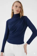 Women's Navy Blue Gather Detail Turtleneck Sandy Blouse HZL25W-BD19251